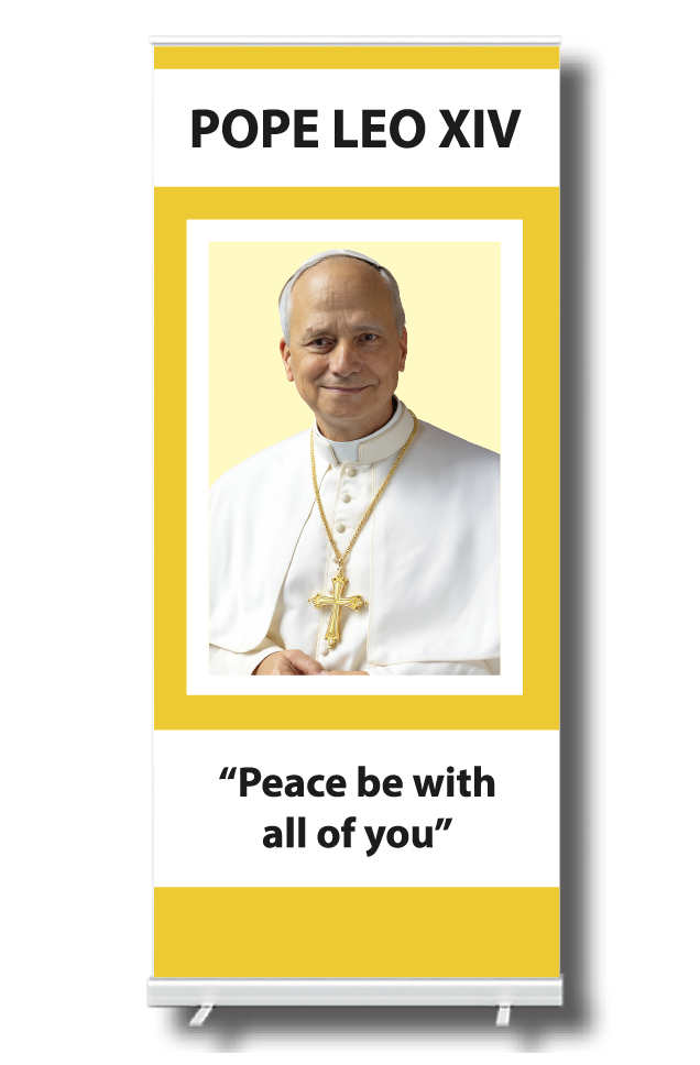 Retractable banner with Pope Leo XIV's portrait and quote on a yellow and white background
