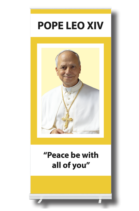 Retractable banner with Pope Leo XIV's portrait and quote on a yellow and white background